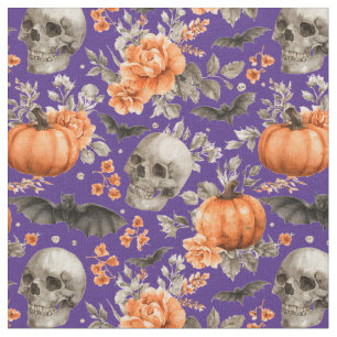 Tecido Cascas De Halloween E Flores Roxo