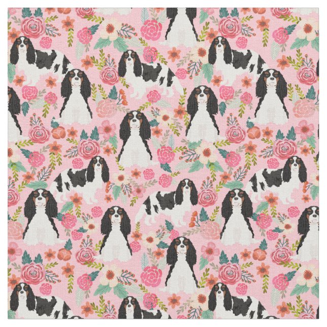 Tecido Cavaleiro Tricolor Rei Charles Spaniel Florals (Detalhe)