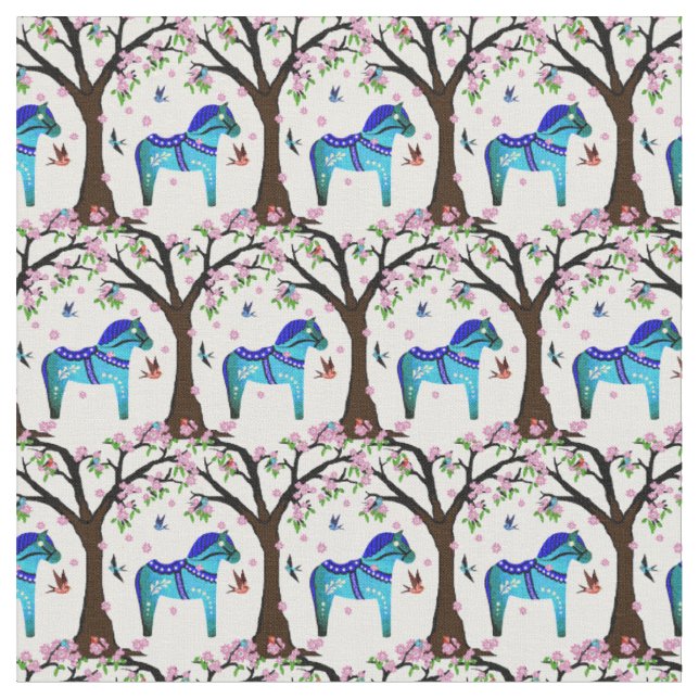 Tecido Cavalo de dala negro/azul/pássaros folhosos/flores (Detalhe)