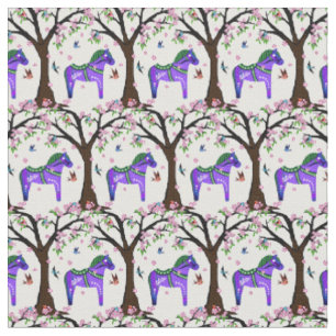 Tecido Cavalo de dala roxo/verde/pássaros folhosos/flores