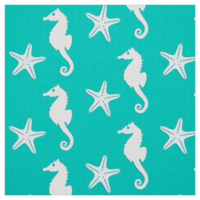 Tecido Cavalo e estrela do mar - branco em turquesa (Modelo)