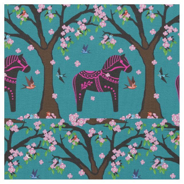 Tecido Cavalo Folk de Dala preto/rosa/Aves Folk/flores 2. (Detalhe)