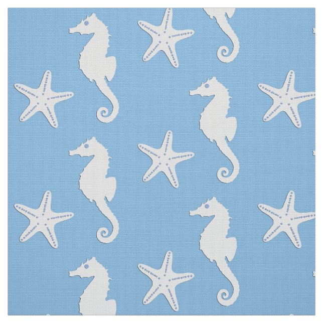 Tecido Cavalo-marinho e estrelas-do-mar - branco em azul- (Modelo)
