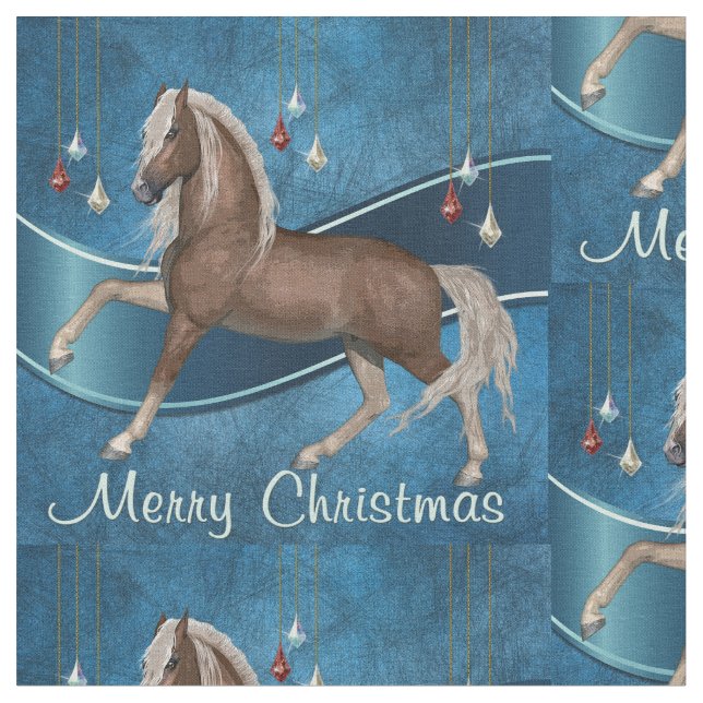 Tecido Cavalo no azul com Feliz Natal dos ornamento (Detalhe)