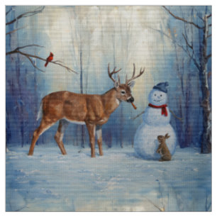 Tecido Cena de Férias de Inverno Deer e Happy Snowman