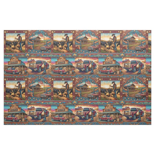Tecido Cenas de Fazenda Ocidental Faux Leather Impressão  (Fat Quarter)