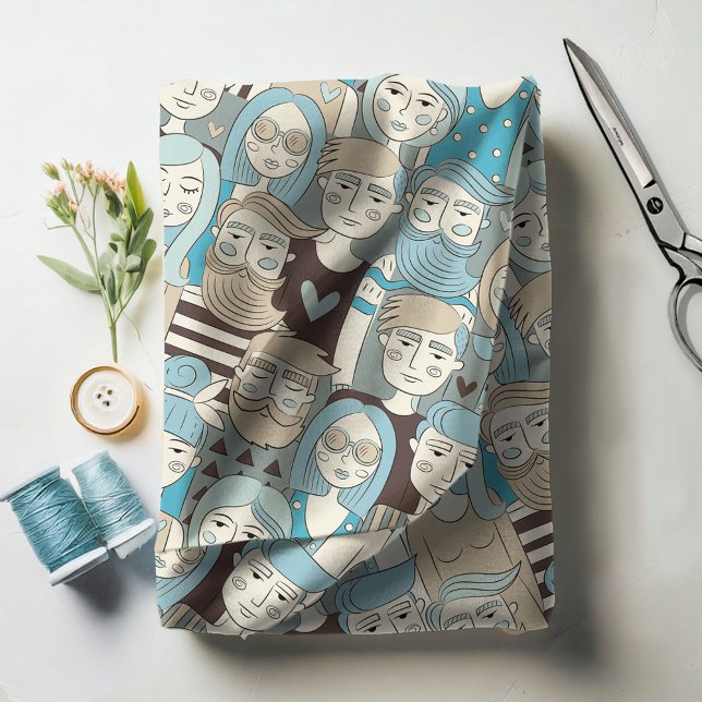 Tecido Centro Crowd Faces Blue/Beige ID494 (Criador carregado)