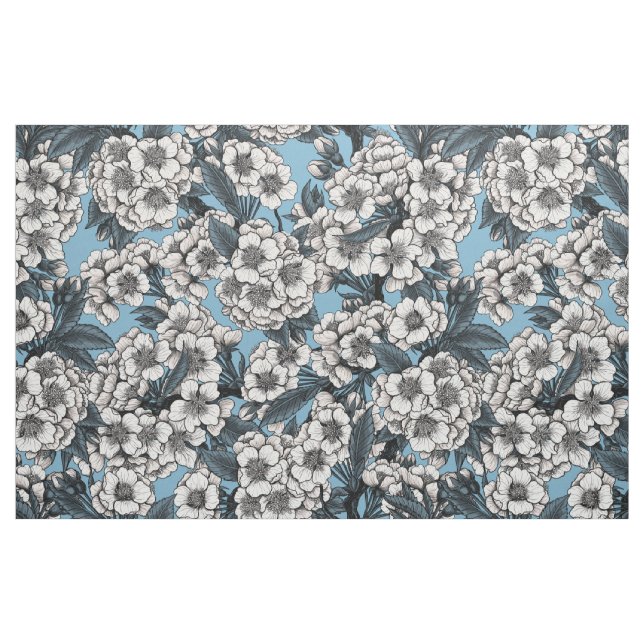 Tecido Cereja floresce em branco e azul (Fat Quarter)
