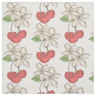 Tecido Cerejas e flores de cerejeira
