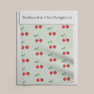 Tecido Cerejas Vermelhas de Aquarela em Verde-Primavera p