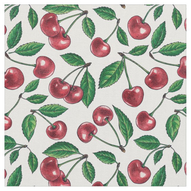 Tecido Cerejas vermelhas em branco (Detalhe)