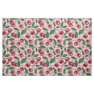 Tecido Cerejas vermelhas em gingham rosa