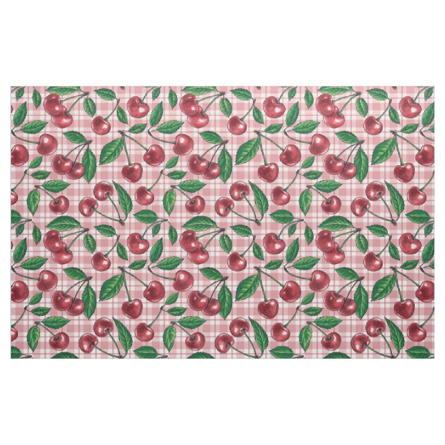 Tecido Cerejas vermelhas em gingham rosa (Fat Quarter)