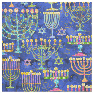 Tecido Chanucá - Estrela Dourada de Menorah de David