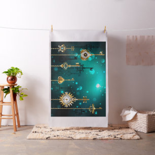 Tecido Chaves de Esqueleto Anticas em Fundo Verde