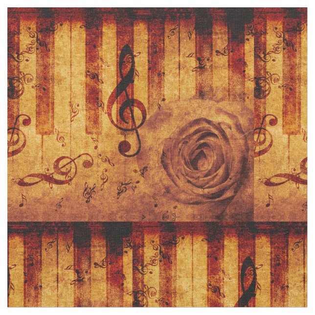 Tecido Chaves de piano com notas musicais e rosa (Detalhe)