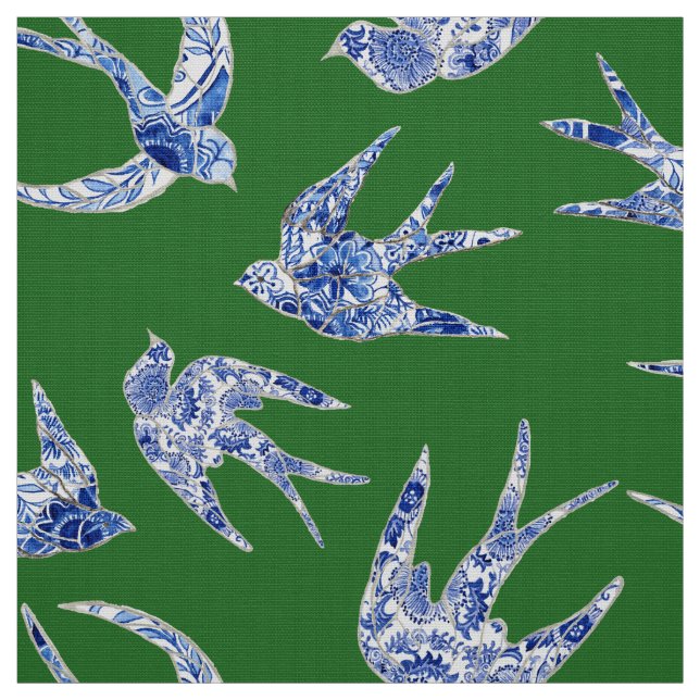 Tecido Chic Chinoiserie Swallow Birds Floral Blue Green (Modelo)