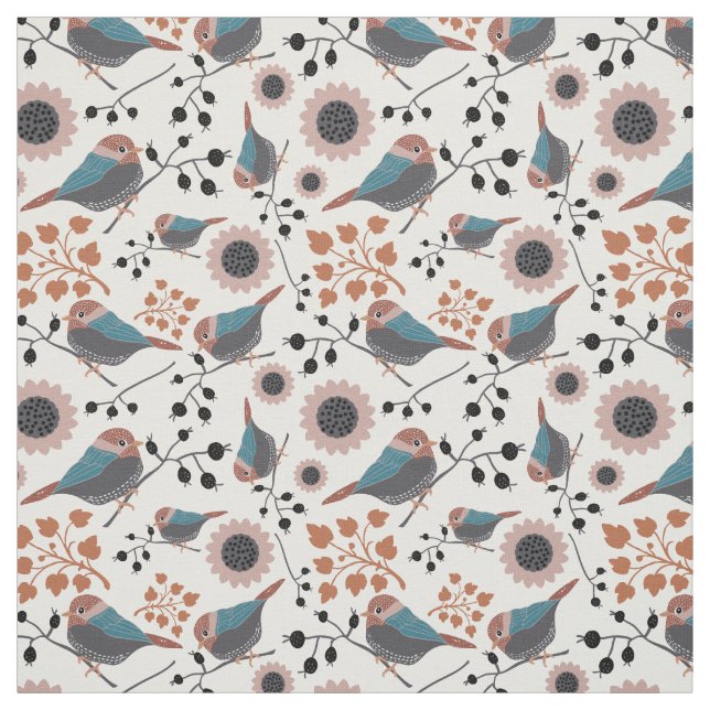 Tecido Chickadee Bird E Berry Pattern Floral Design (Modelo)