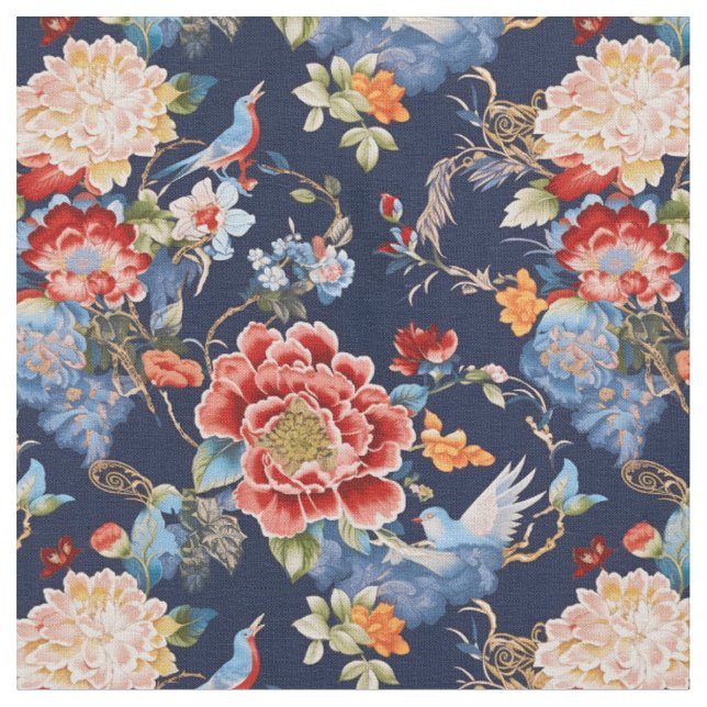 Tecido Chinoiserie floral azul elegante (Detalhe)