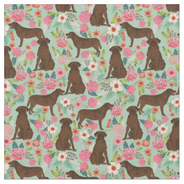 Tecido Chocolate Labrador cães vintage florals menta