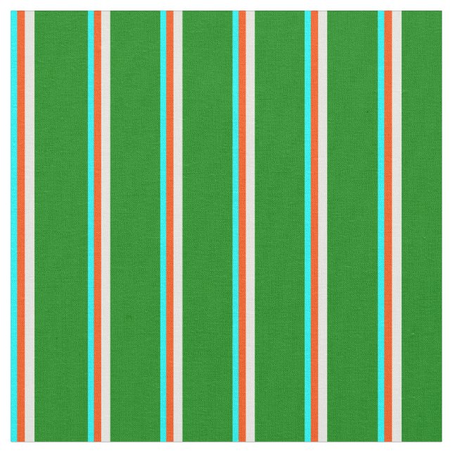 Tecido Ciano, Vermelho, Creme de Casa e Linhas Verdes (Detalhe)