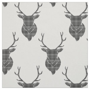 Tecido Cinza Tartan Stag Head Antler Rustic Patterno