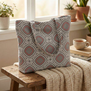 Tecido Cinza White Red Ethnic Boho Chic Padrão Geométrico