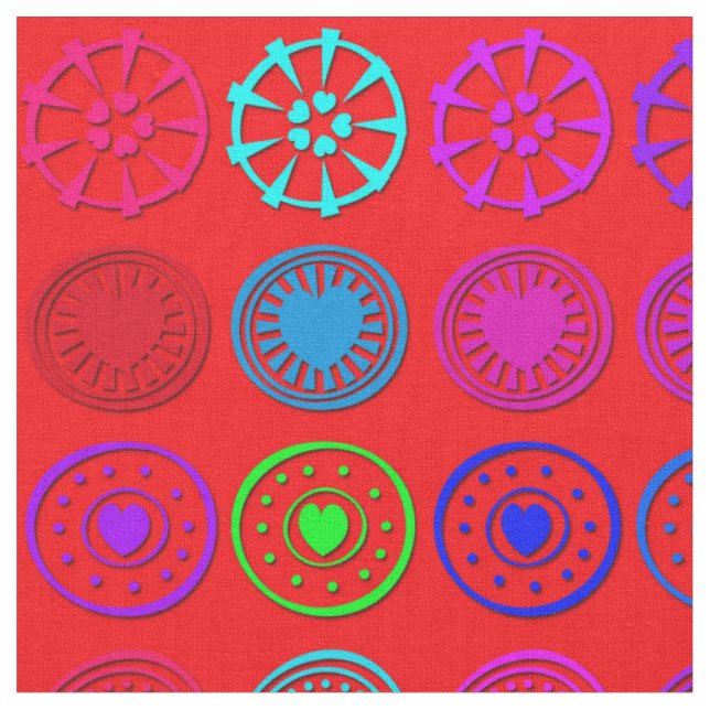 Tecido Círculos Cardíacos Multicolores em Vermelho (Detalhe)