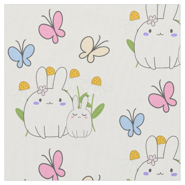 Tecido Coelhinhos bonitos com margaridas Primavera e borb (Detalhe)