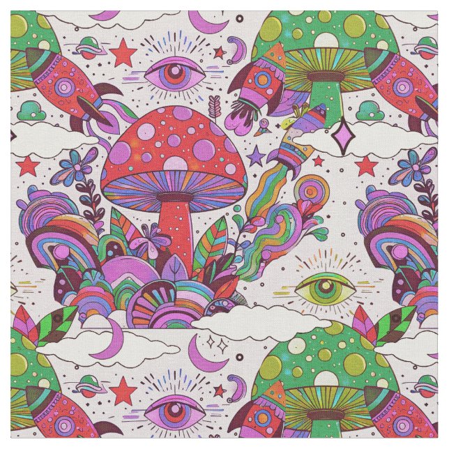 Tecido Cogumelos e navios de foguetes (Detalhe)