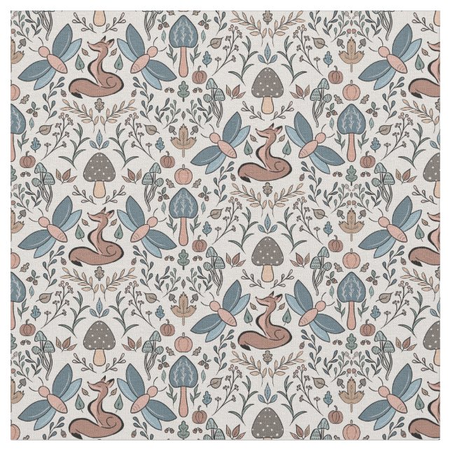 Tecido Cogumelos Fox & Dragonfly Cute Autumn Padrão (Detalhe)