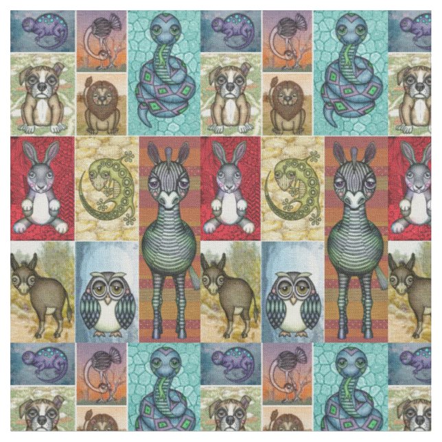 Tecido Colagem de animais bonitos Design de arte popular (Detalhe)