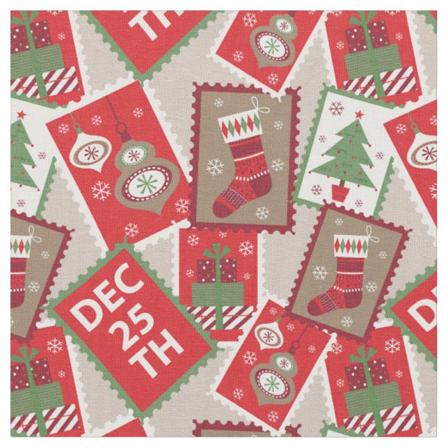 Tecido Colagem de Selos de Natal Retrô (Detalhe)