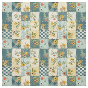 Tecido Colcha de retalhos azul amarelo verde vintage