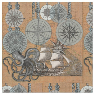 Tecido Compass Rosa Vintage Navio Octopus Náutico