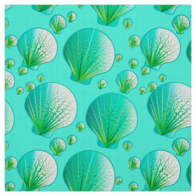 Tecido Conchas marinhas verdes em aqua (Modelo)