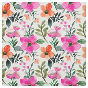 Tecido Cor de Água Rosa Laranja Flores Verde Folhas Branc