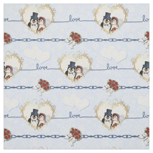 Tecido Corações de Casamento de Pinguins em Azul (Modelo)