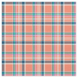 Tecido Coral alaranjado e xadrez feminino azul