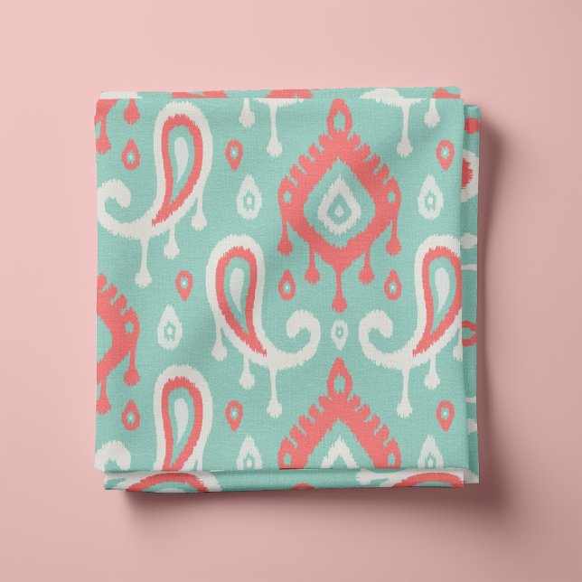 Tecido Coral Aqua e Mint Ikat Paisley (Criador carregado)