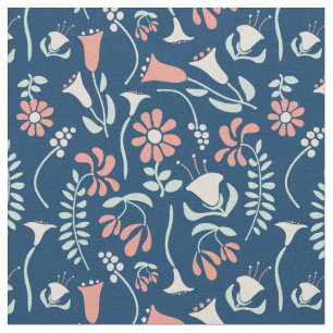 Tecido Coral Floral Moderno, Marinho, Padrão Verde Mint