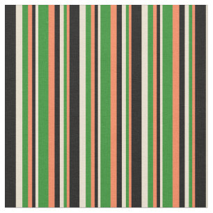 Tecido Coral, Floresta Verde, Beige & Black Stripes