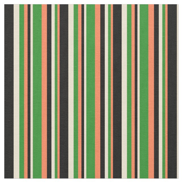 Tecido Coral, Floresta Verde, Beige & Black Stripes (Detalhe)