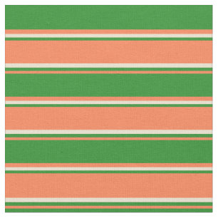 Tecido Coral, Floresta Verde e Grelhas de Beige