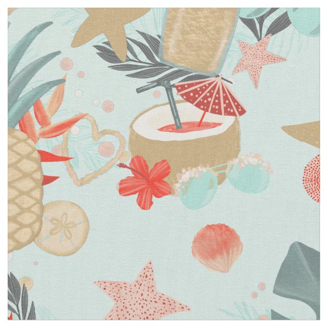 Tecido Coral Red e Mint Beach Pattern (Detalhe)