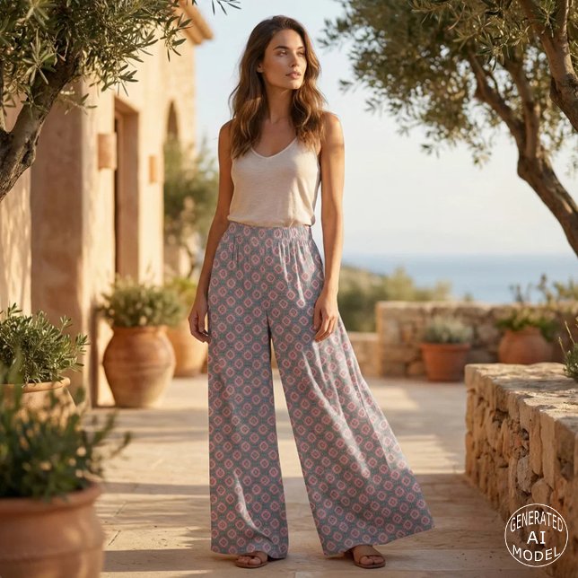 Tecido Coral Rosa Chic Azul Ardósia Geométrico Ikat Diama (Criador carregado)