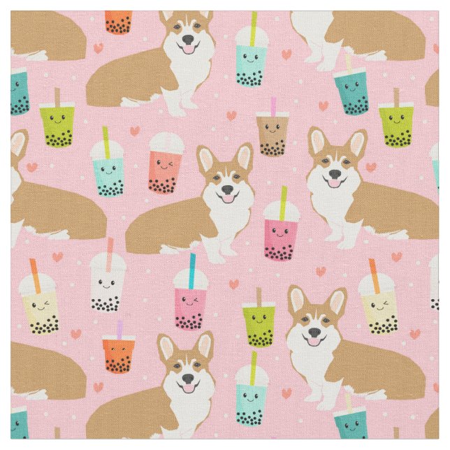 Tecido corgi boba chá rosa kawaii (Detalhe)