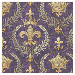 Tecido Coroa Dourada Fleur-de-lis Estampa de Padrão Roxo