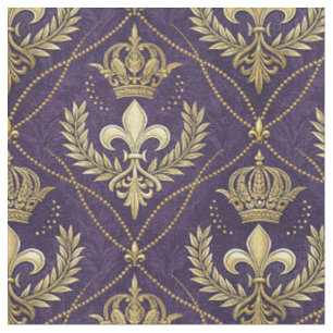 Tecido Coroa Dourada Fleur-de-lis Real Padrão Arte Roxa