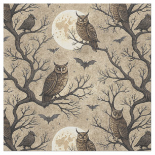 Tecido Corujas e Lua do Halloween Vintage